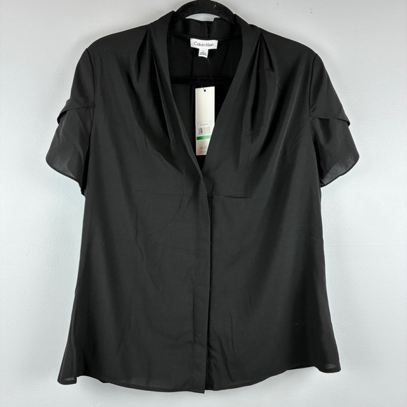 Calvin Klein Black V-Neck Ruffle Short Sleeve Top NWT Size Large - Picture 2 of 9